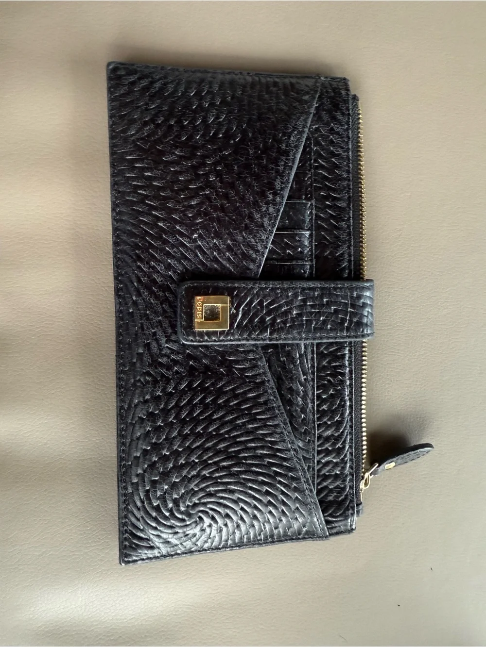 Lodis Black Textured Leather Zip Wallet with Gold Hardware